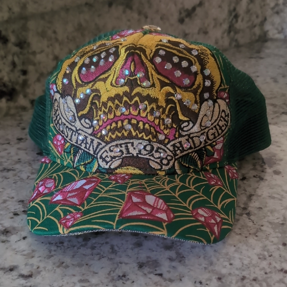 Ed Hardy Green and Gold Skull Cap